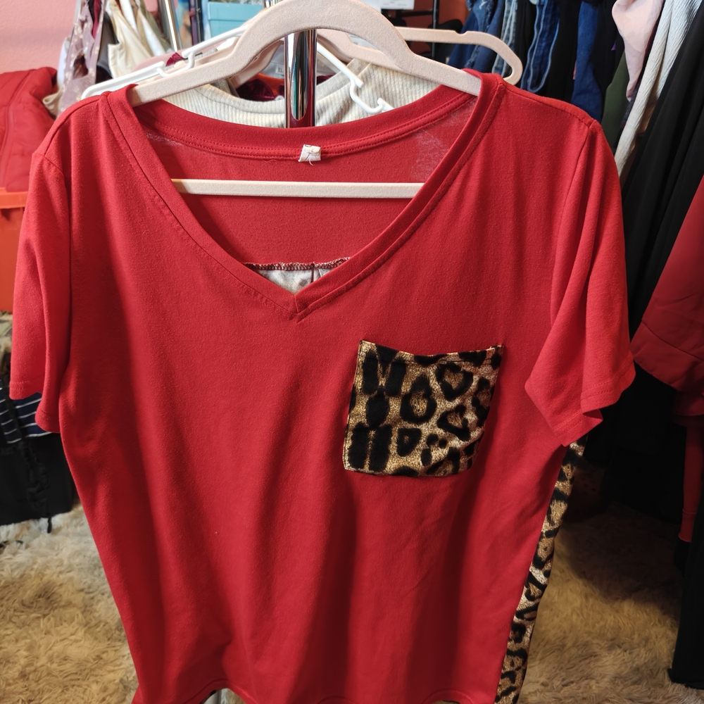 Red V-Neck Top with Leopard Print Pocket
